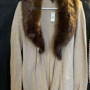 Talbots Tan Cardigan with Faux Fur Collar